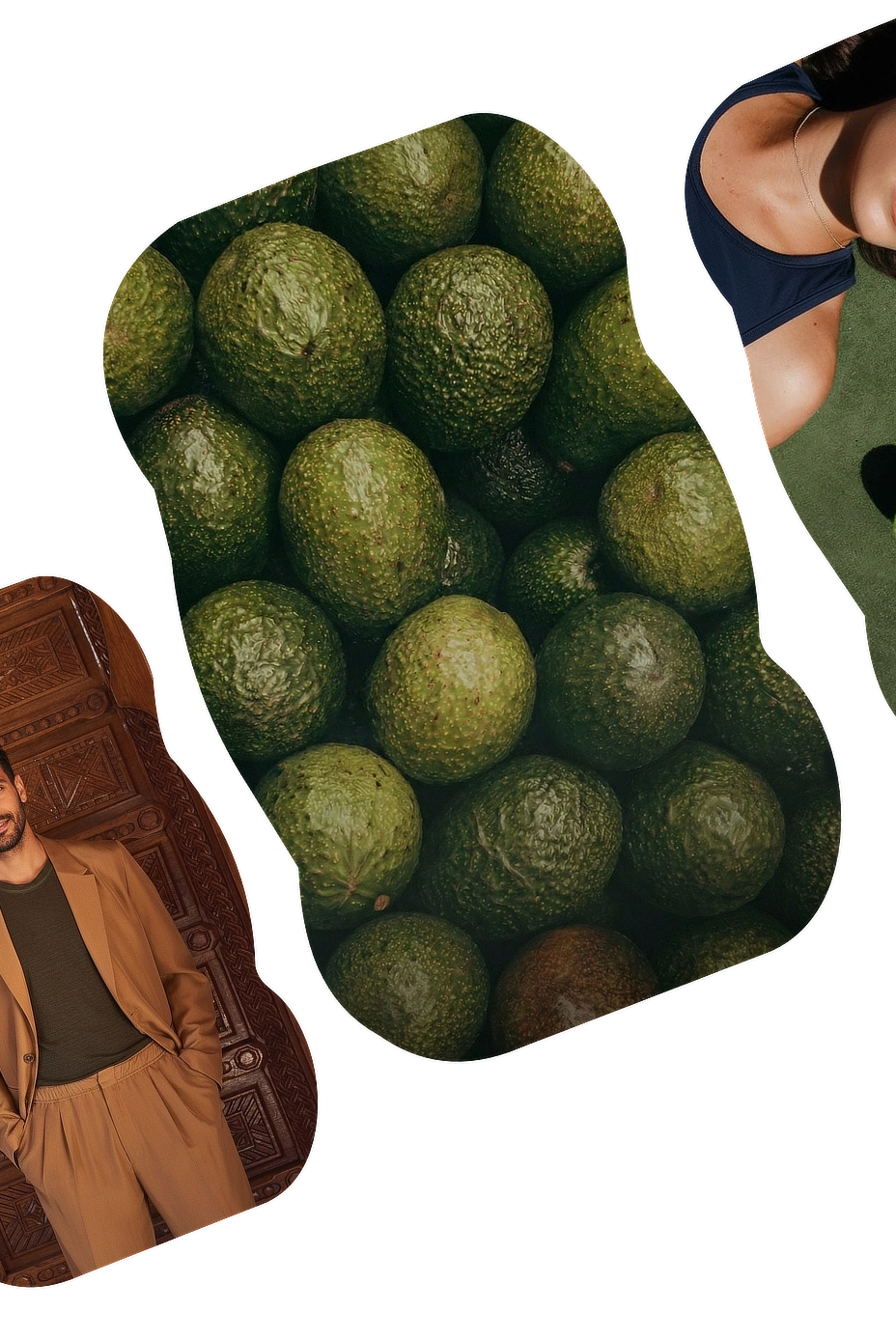 Yebo Now — man in tan suit, avocados, woman in activewear